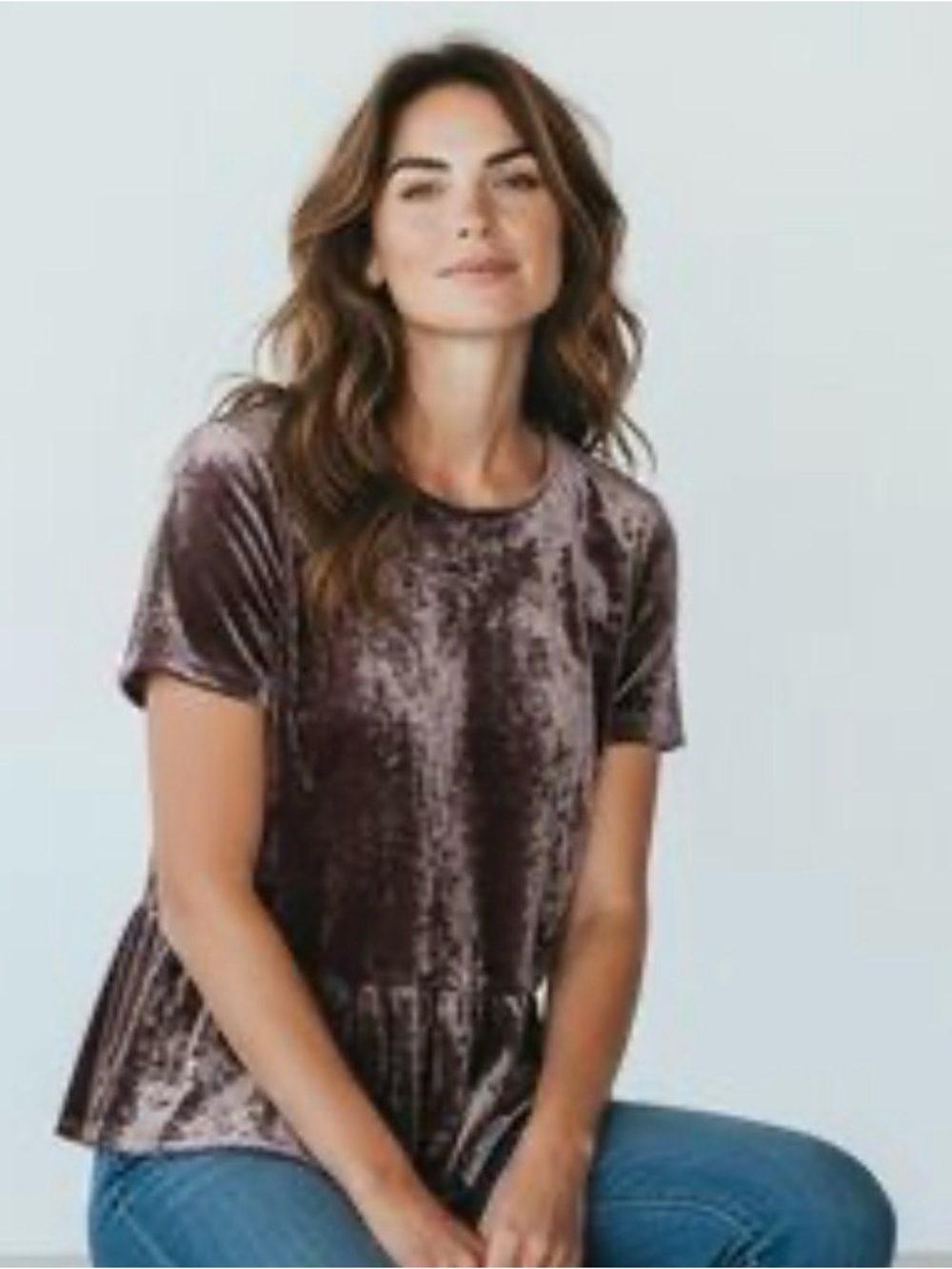 Pleione Crushed Velvet Short-Sleeve Peplum Top in Mauve Sz M